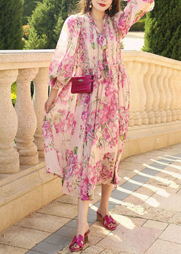 V-Neck Pussy Bow Lace Panel Balloon Sleeve Floral Chiffon Midi Dress