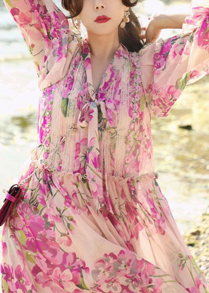 V-Neck Pussy Bow Lace Panel Balloon Sleeve Floral Chiffon Midi Dress