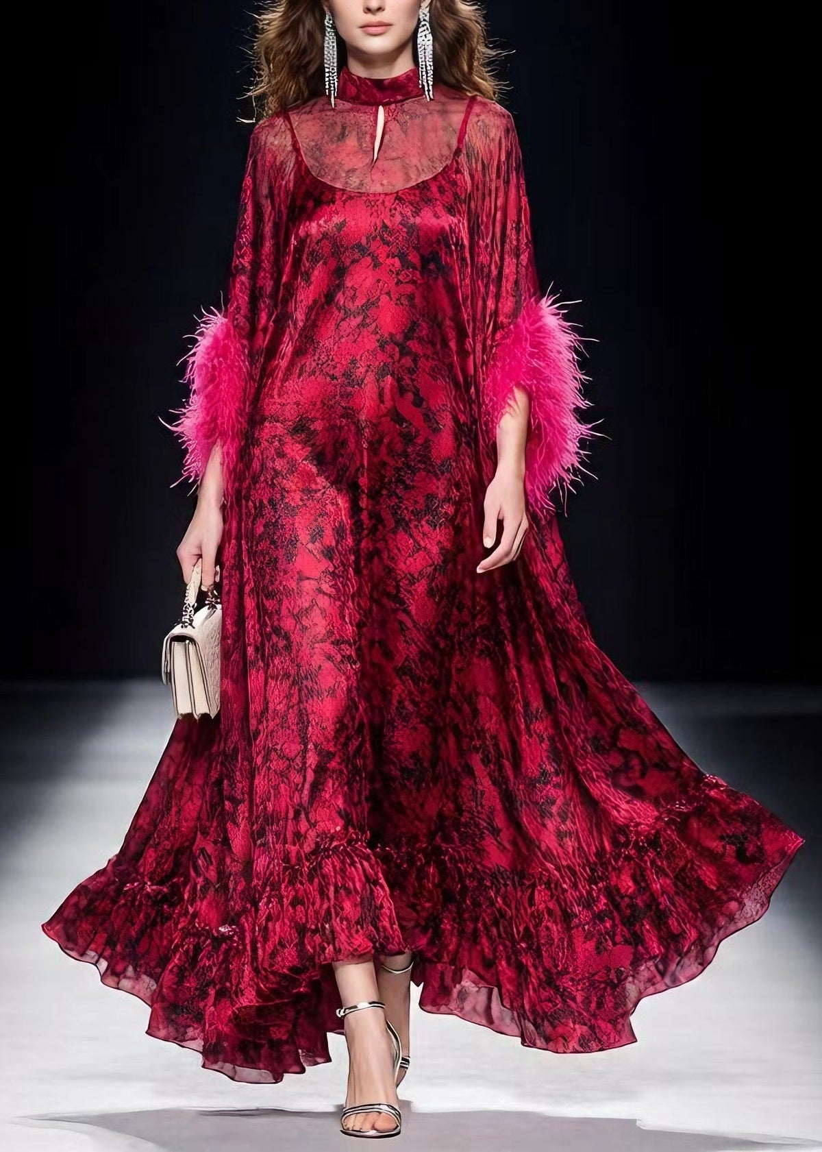 Choker Keyhole Feather Cuff Abstract Print Tiered Maxi Gown