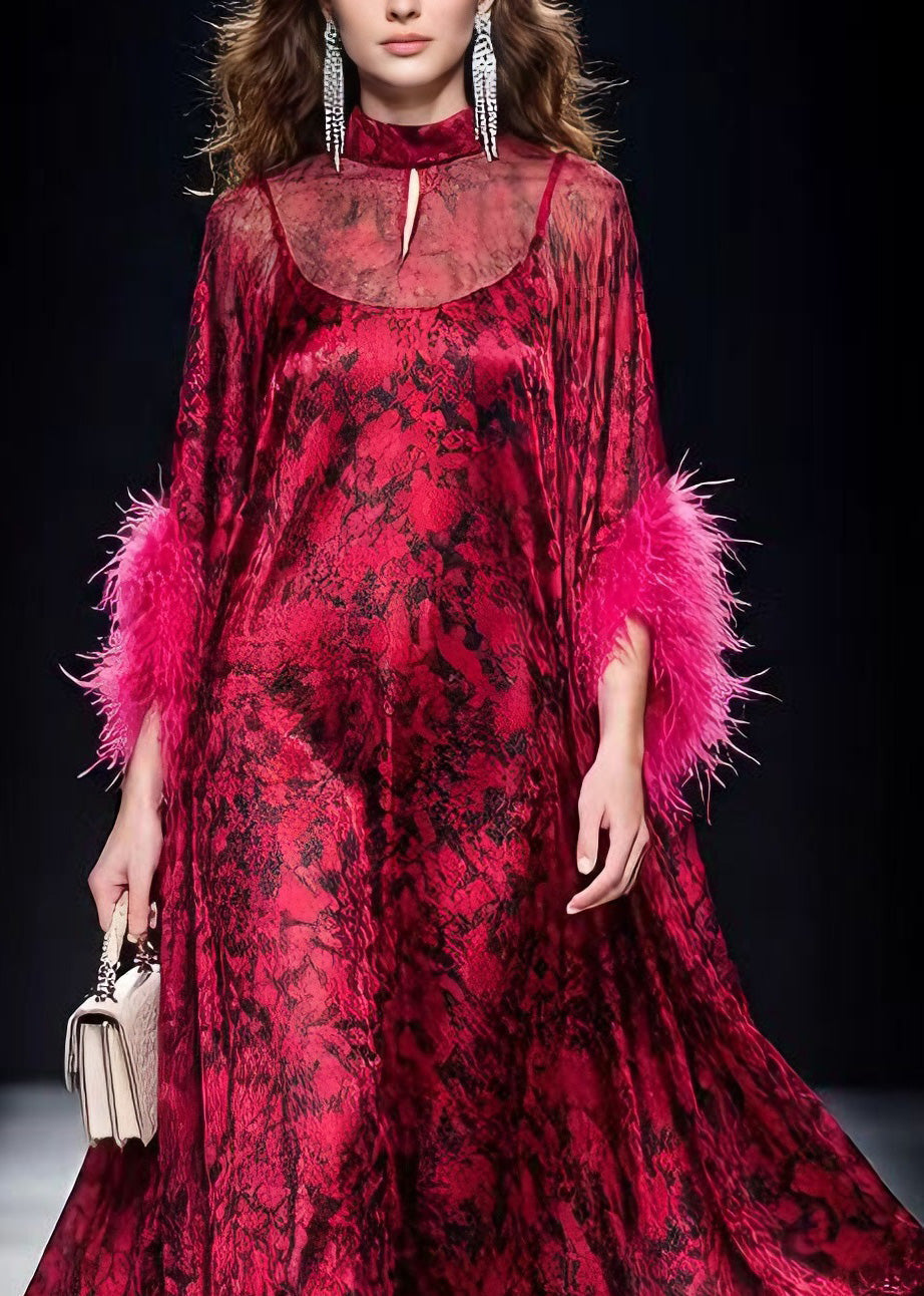 Choker Keyhole Feather Cuff Abstract Print Tiered Maxi Gown