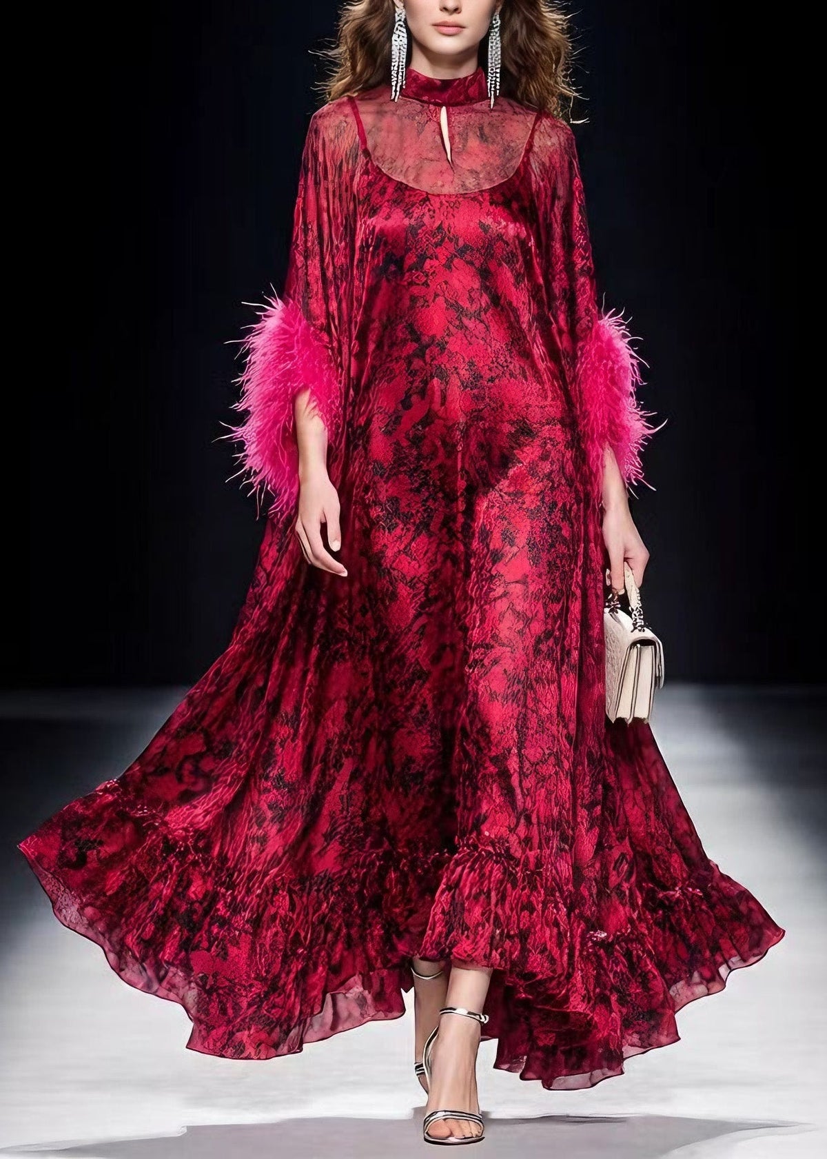 Choker Keyhole Feather Cuff Abstract Print Tiered Maxi Gown