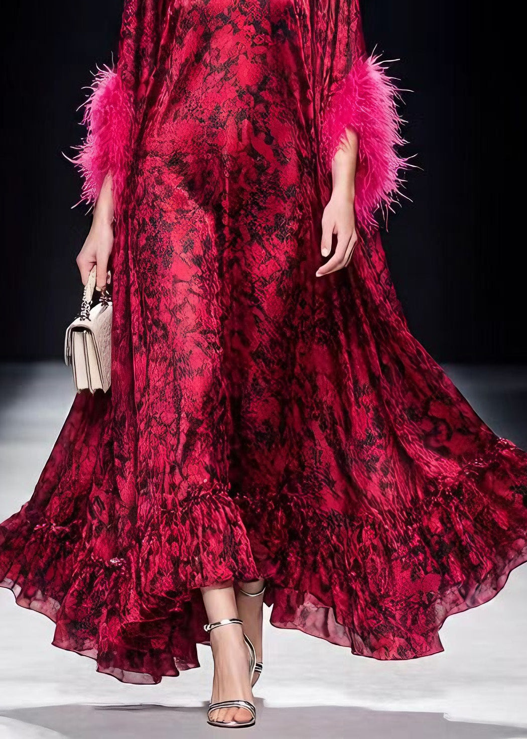 Choker Keyhole Feather Cuff Abstract Print Tiered Maxi Gown