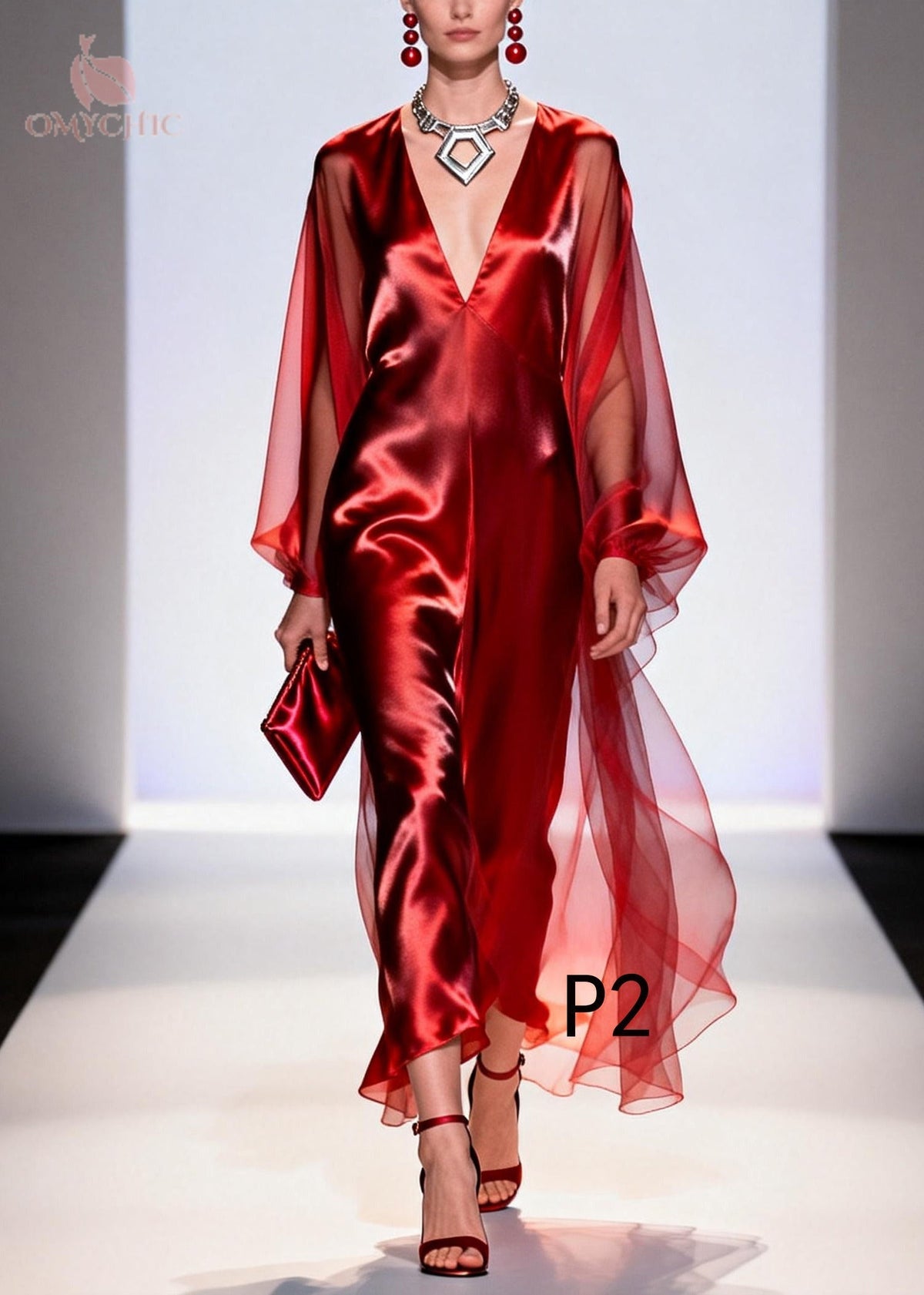 Deep V-Neck Sheer Cape Sleeve Satin Slit Maxi Gown