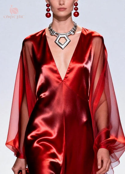 Deep V-Neck Sheer Cape Sleeve Satin Slit Maxi Gown