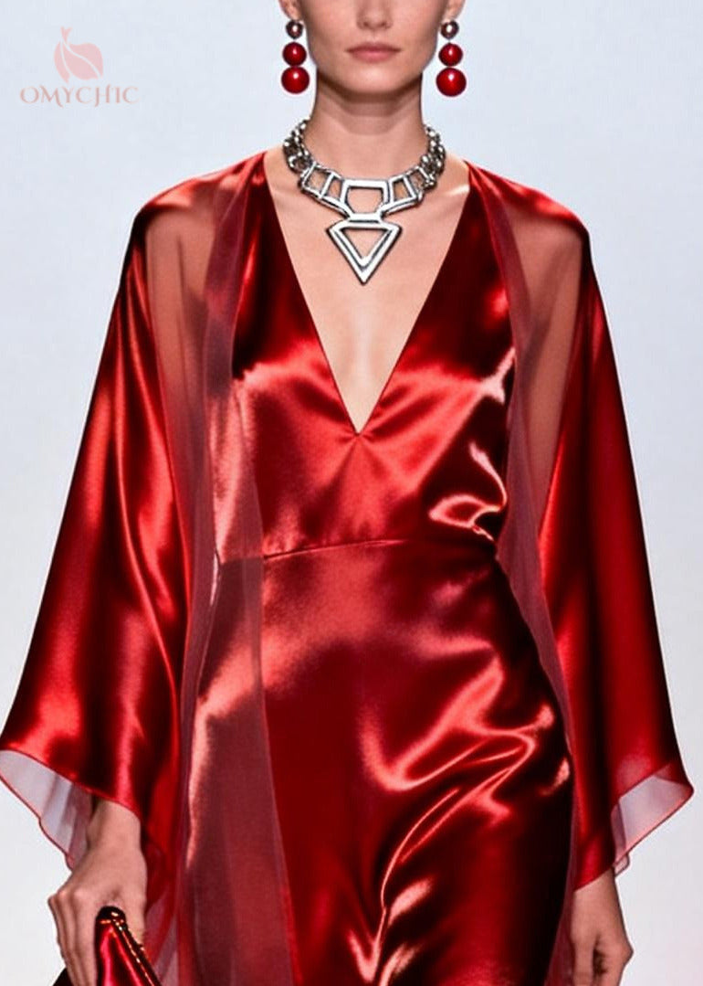 Deep V-Neck Sheer Cape Sleeve Satin Slit Maxi Gown