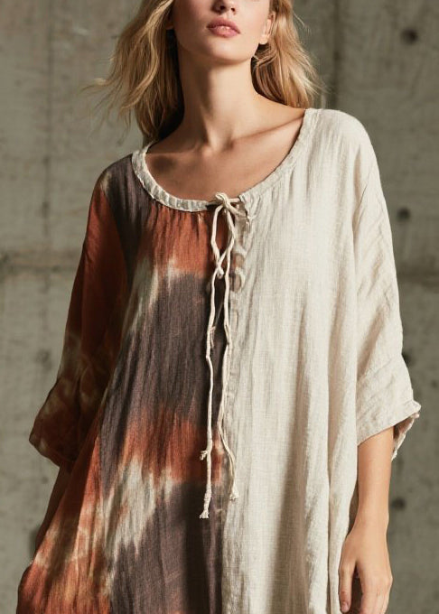 Round Neck Keyhole Tie Dye Panel Pocket Oversized Maxi Dress