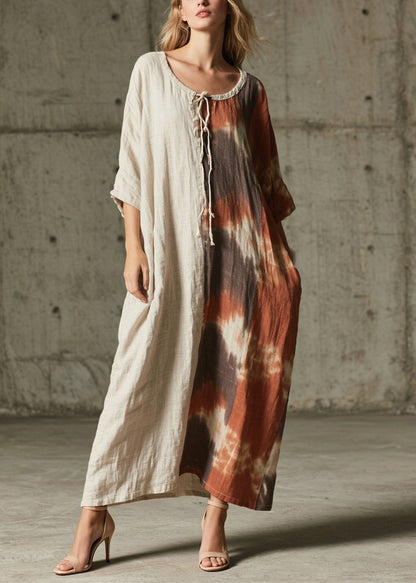 Round Neck Keyhole Tie Dye Panel Pocket Oversized Maxi Dress
