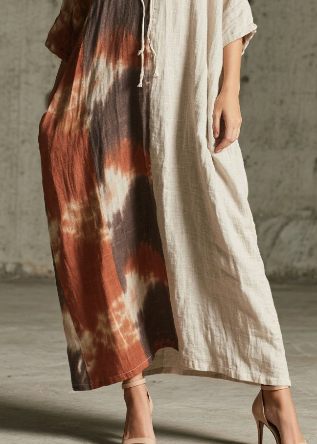Round Neck Keyhole Tie Dye Panel Pocket Oversized Maxi Dress