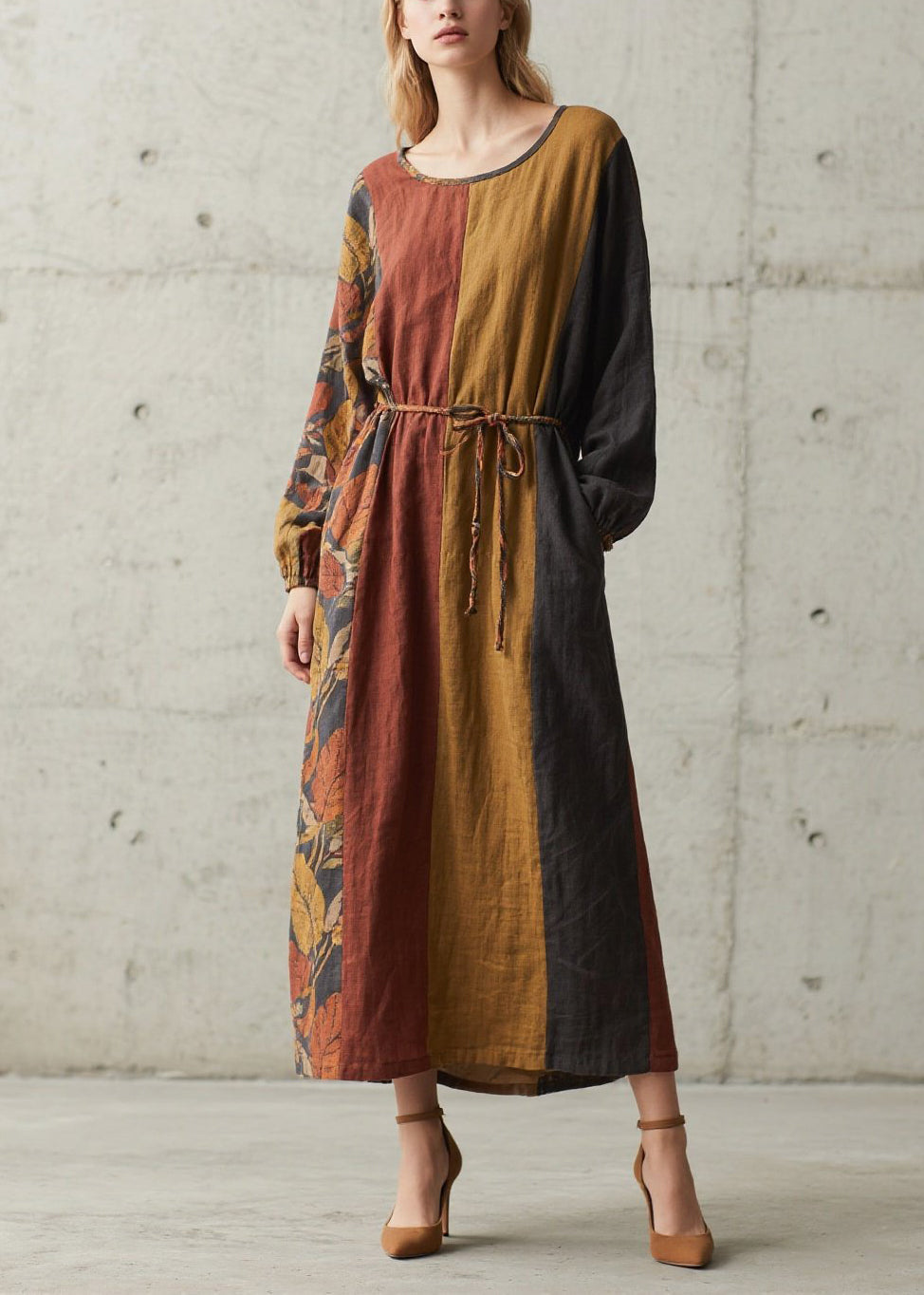 Round Neck Leaf Print Colorblock Rope Belt Pocket Maxi Dress