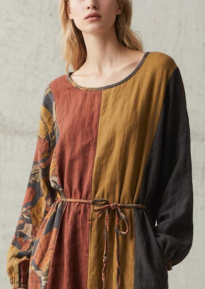Round Neck Leaf Print Colorblock Rope Belt Pocket Maxi Dress