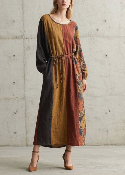 Round Neck Leaf Print Colorblock Rope Belt Pocket Maxi Dress