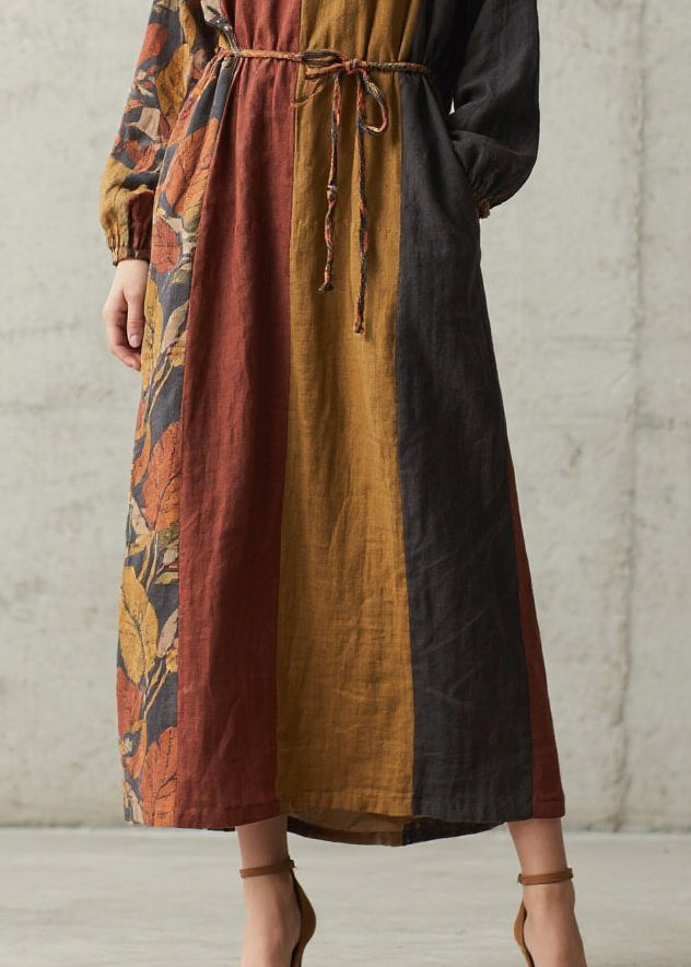 Round Neck Leaf Print Colorblock Rope Belt Pocket Maxi Dress