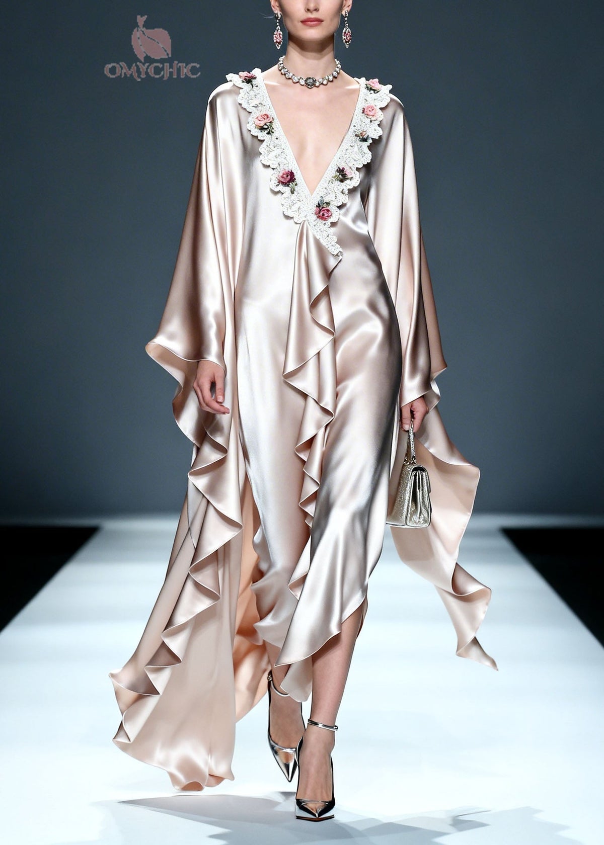 Deep V-Neck Lace Trim Center Ruffle Cape Sleeve Satin Maxi Gown