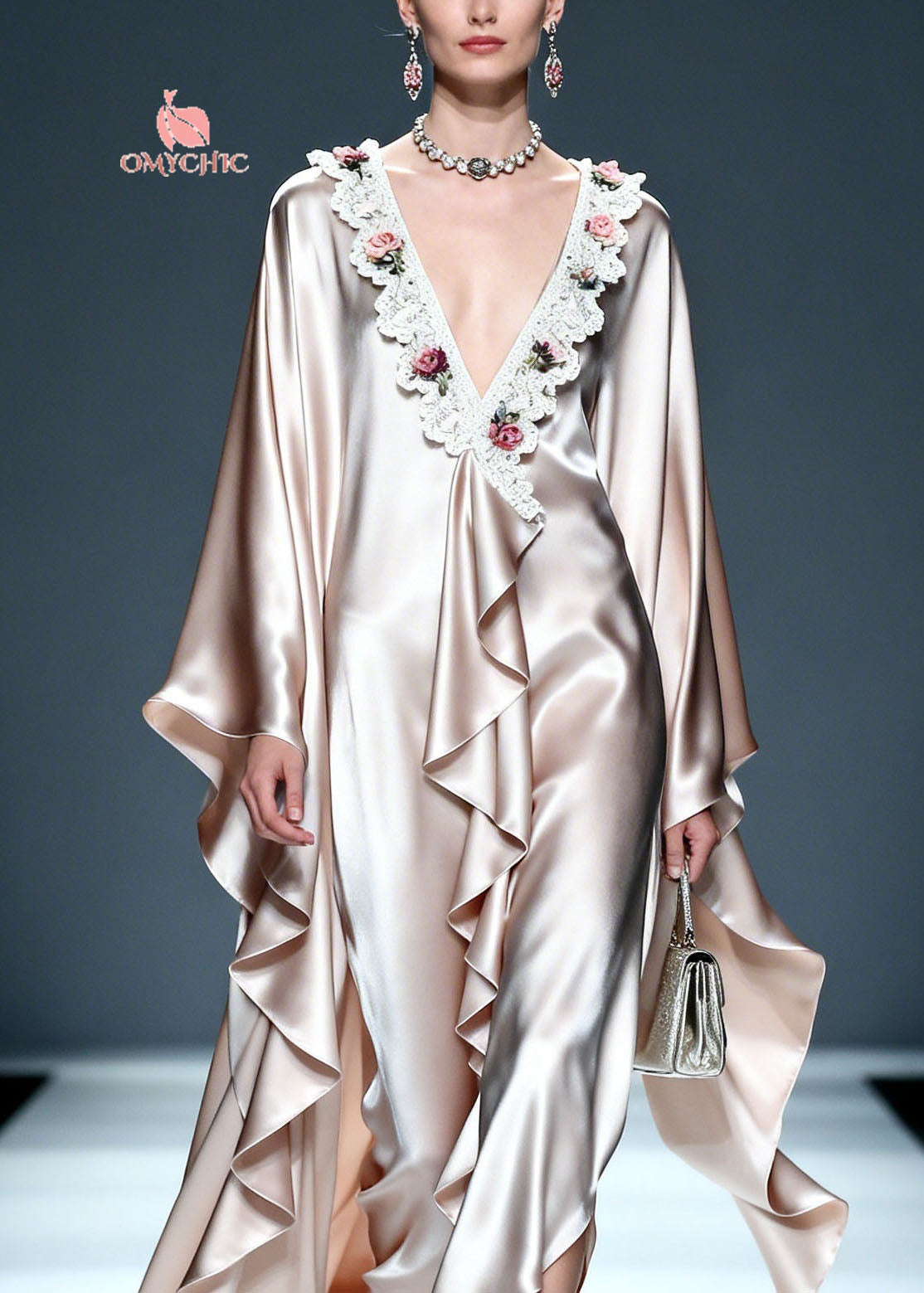 Deep V-Neck Lace Trim Center Ruffle Cape Sleeve Satin Maxi Gown