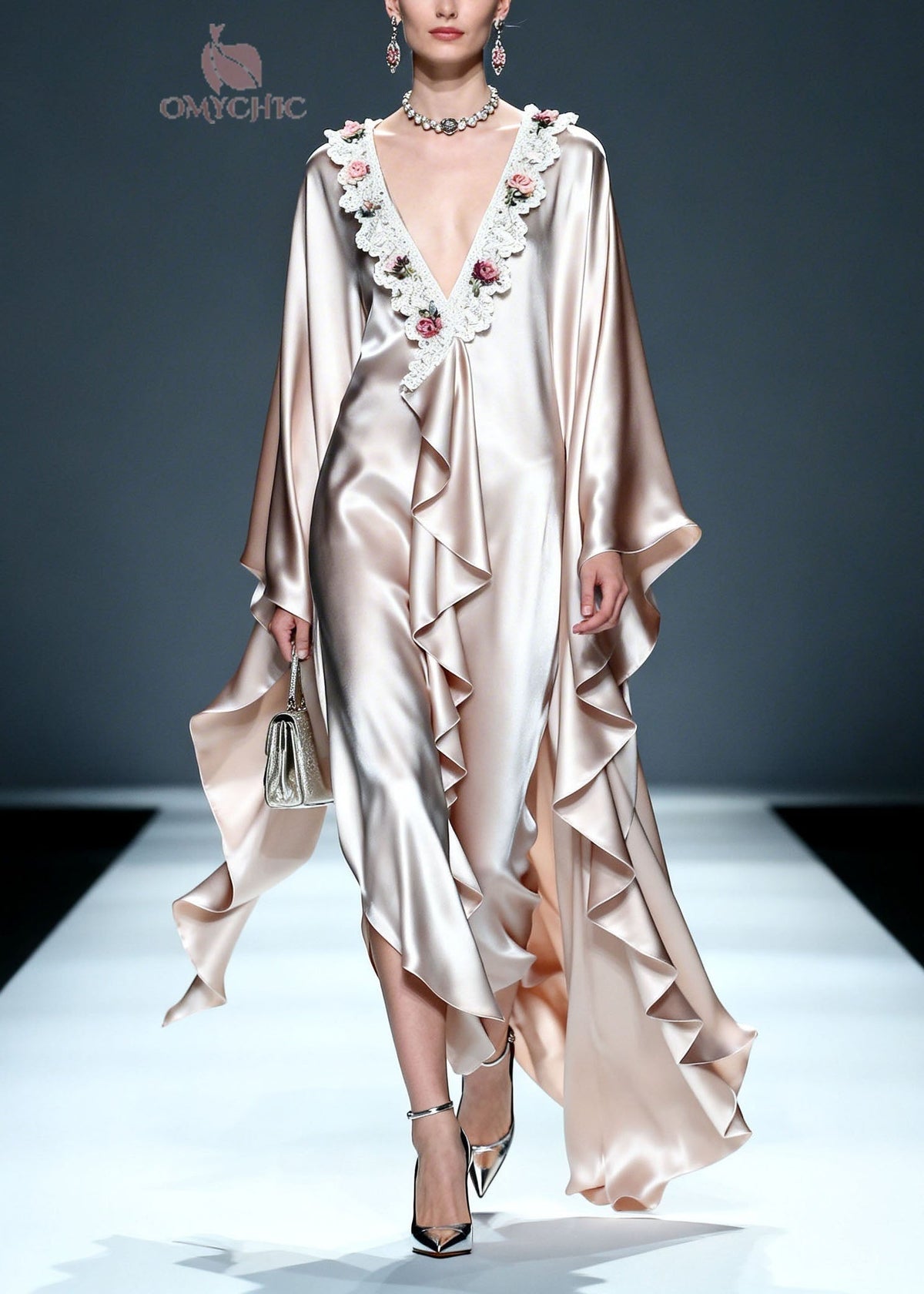 Deep V-Neck Lace Trim Center Ruffle Cape Sleeve Satin Maxi Gown