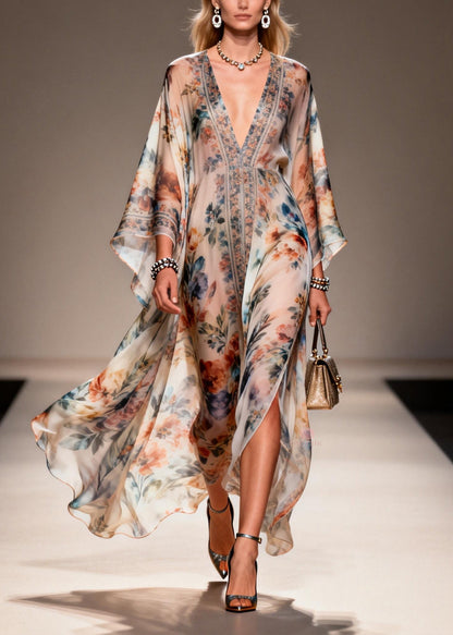 Deep V-Neck Butterfly Sleeve Floral Print Sheer High-Slit Kaftan Maxi Gown