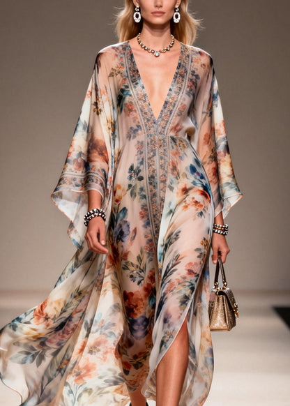 Deep V-Neck Butterfly Sleeve Floral Print Sheer High-Slit Kaftan Maxi Gown