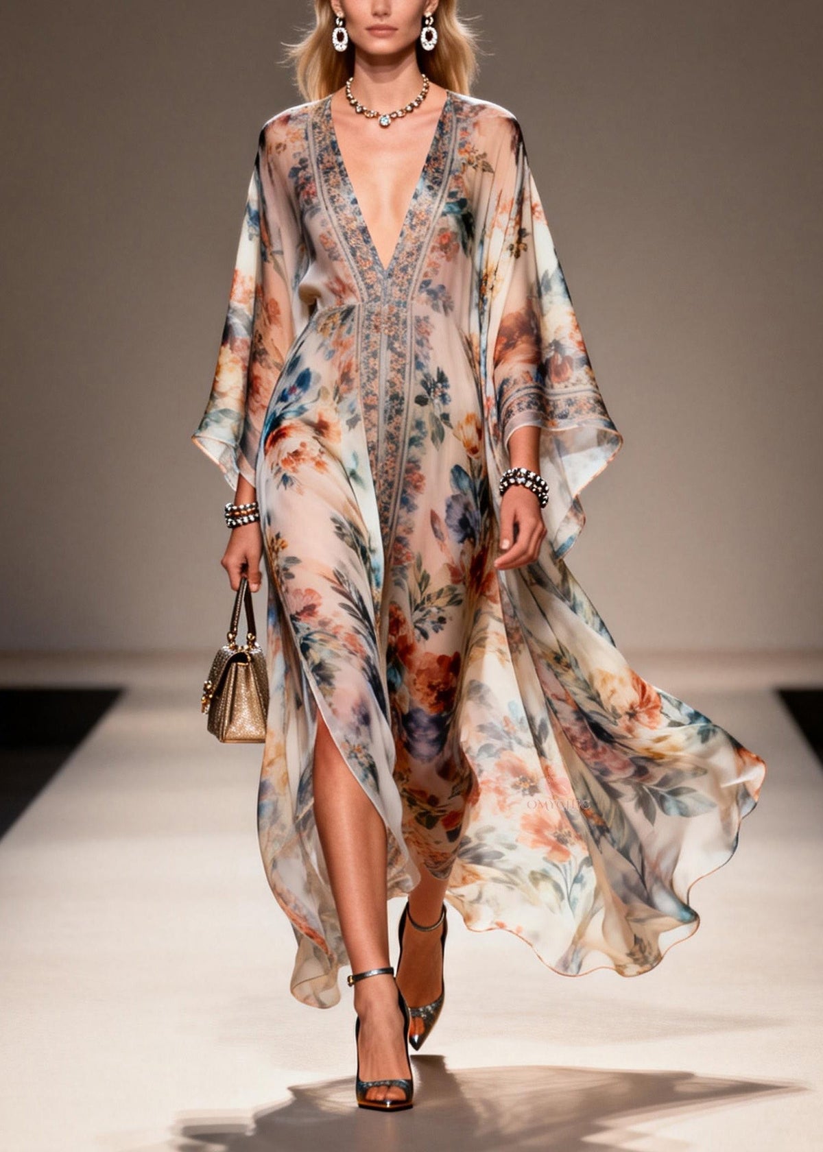 Deep V-Neck Butterfly Sleeve Floral Print Sheer High-Slit Kaftan Maxi Gown