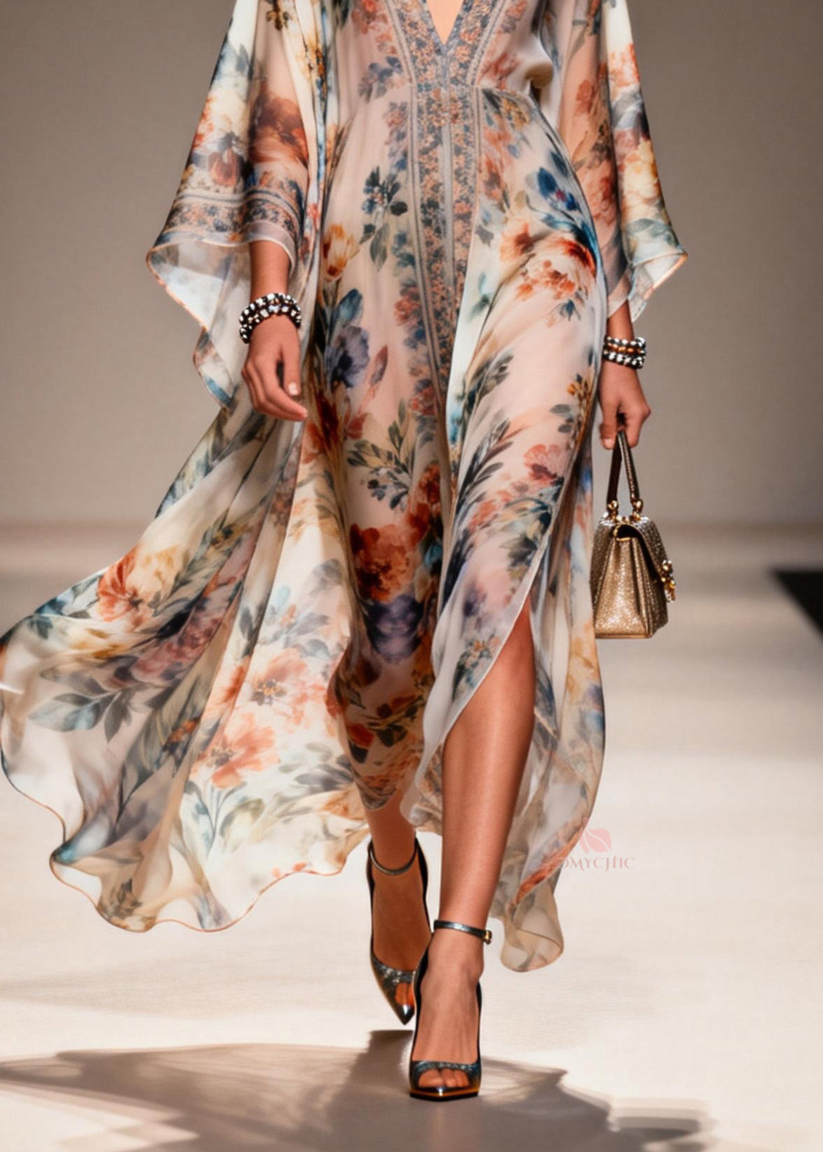 Deep V-Neck Butterfly Sleeve Floral Print Sheer High-Slit Kaftan Maxi Gown