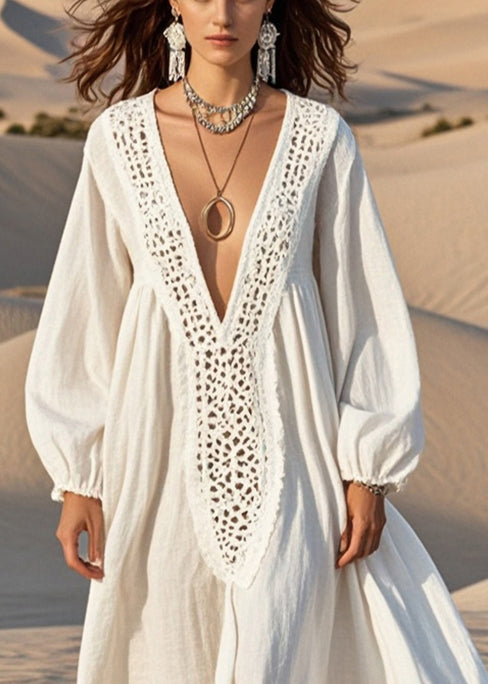 Crochet Trim V-Neck Balloon Sleeve Maxi Dress