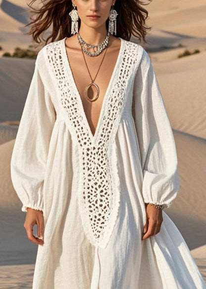 Crochet Trim V-Neck Balloon Sleeve Maxi Dress