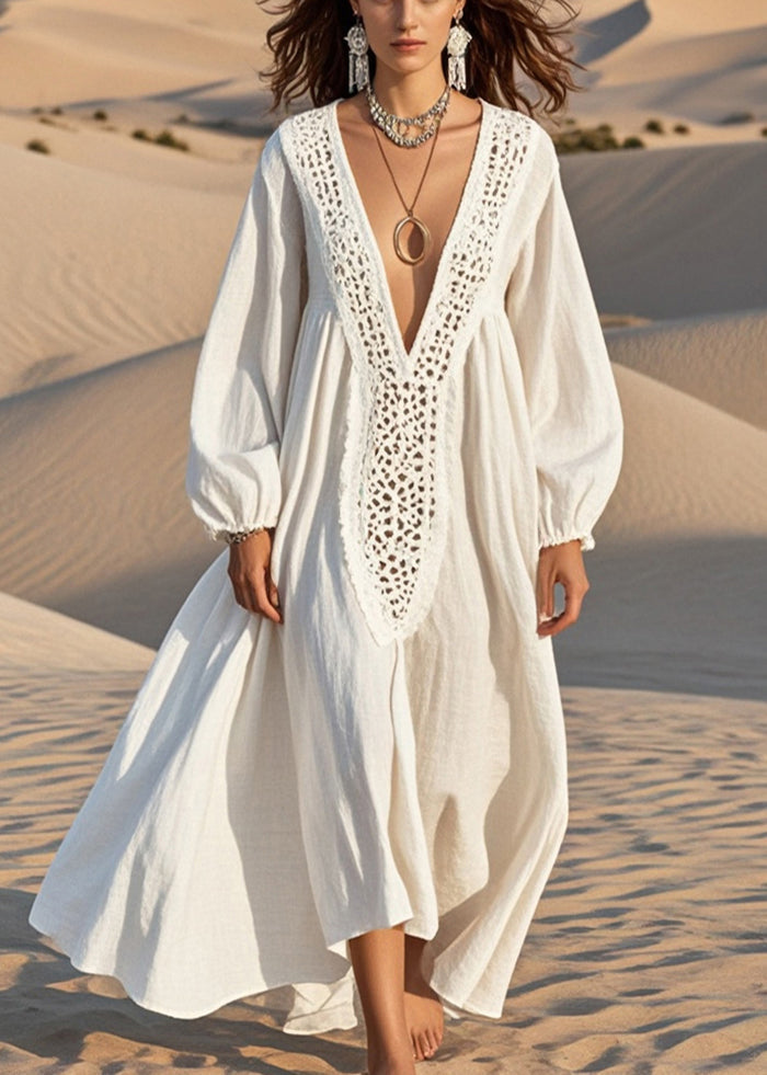 Crochet Trim V-Neck Balloon Sleeve Maxi Dress