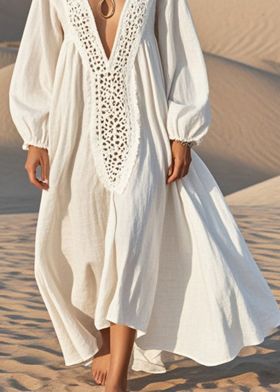 Crochet Trim V-Neck Balloon Sleeve Maxi Dress
