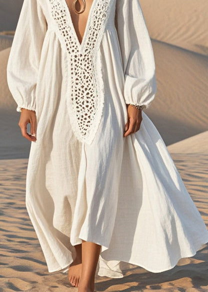 Crochet Trim V-Neck Balloon Sleeve Maxi Dress