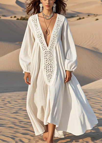 Crochet Trim V-Neck Balloon Sleeve Maxi Dress