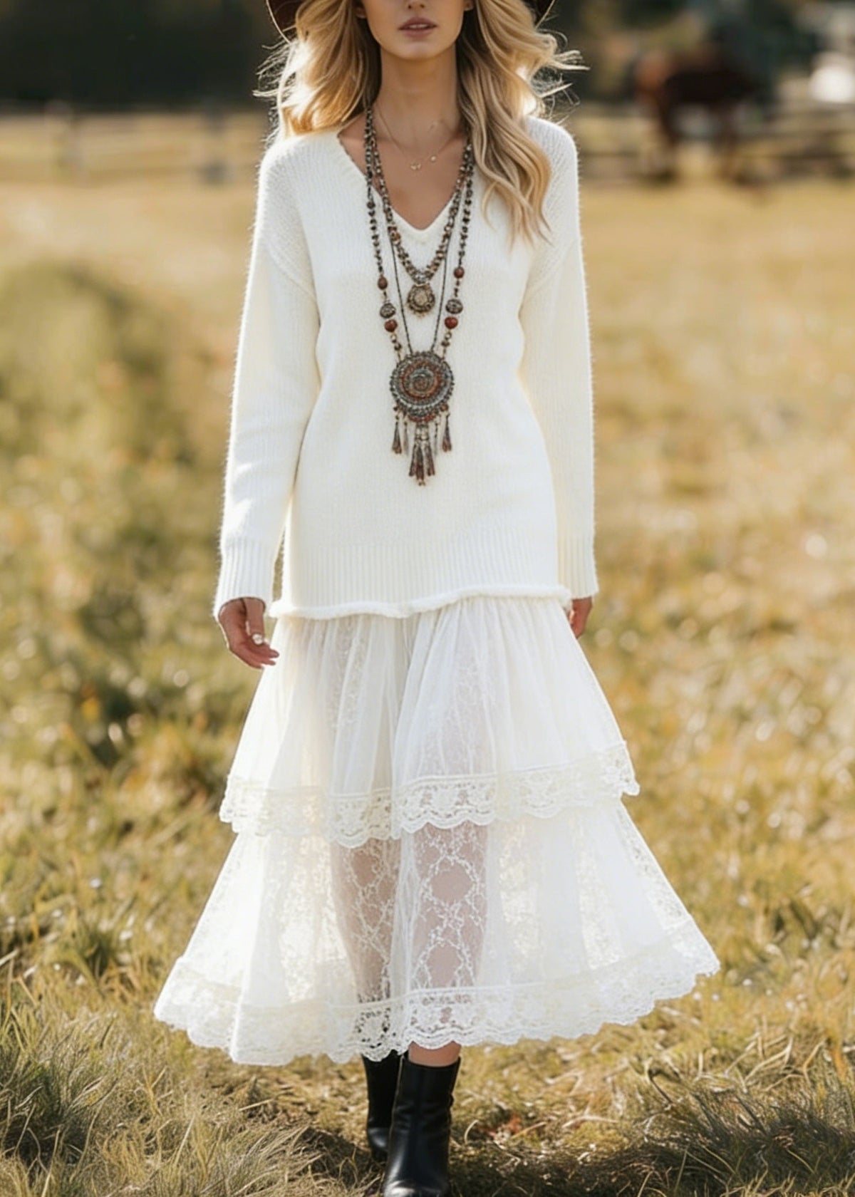 Ribbed V-Neck Long Sleeve Knit Top Tiered Lace Maxi Skirt Set