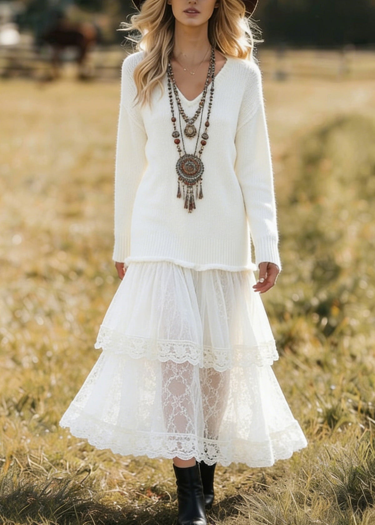Ribbed V-Neck Long Sleeve Knit Top Tiered Lace Maxi Skirt Set