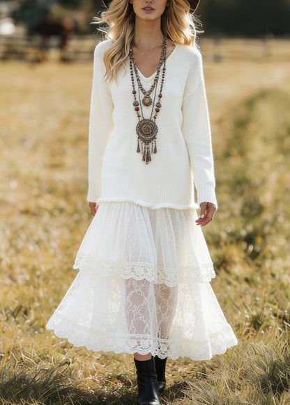 Ribbed V-Neck Long Sleeve Knit Top Tiered Lace Maxi Skirt Set