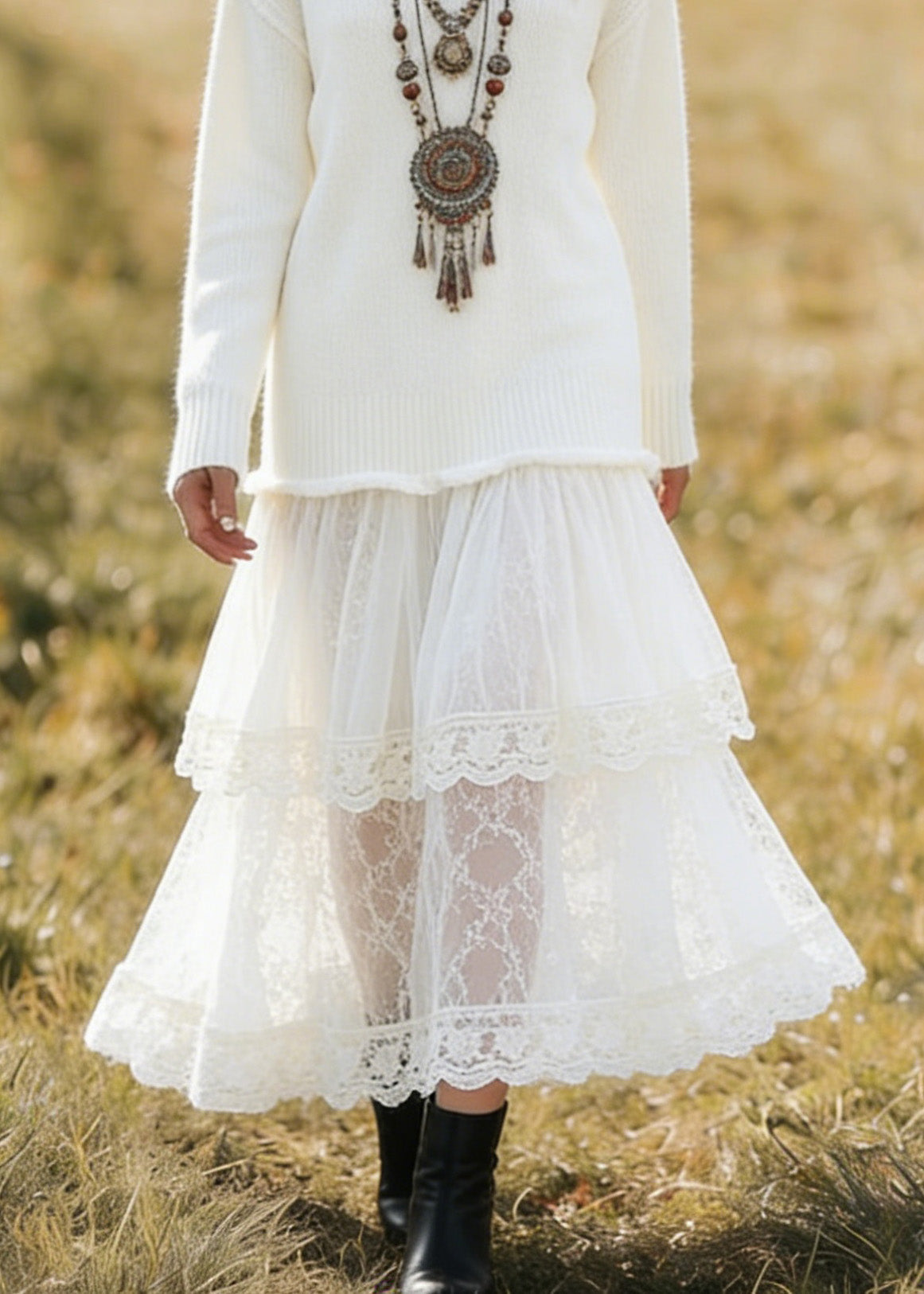 Ribbed V-Neck Long Sleeve Knit Top Tiered Lace Maxi Skirt Set