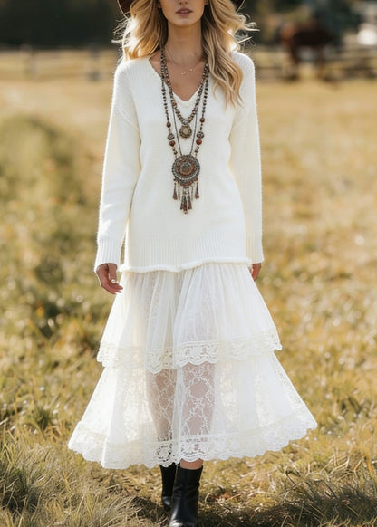 Ribbed V-Neck Long Sleeve Knit Top Tiered Lace Maxi Skirt Set