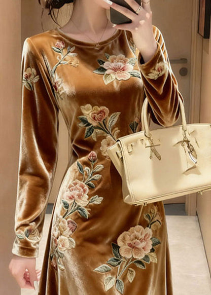 Crew Neck Long Sleeve 3D Floral Embroidery Velvet Midi Dress