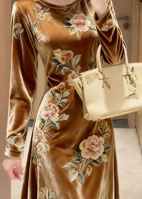 Crew Neck Long Sleeve 3D Floral Embroidery Velvet Midi Dress