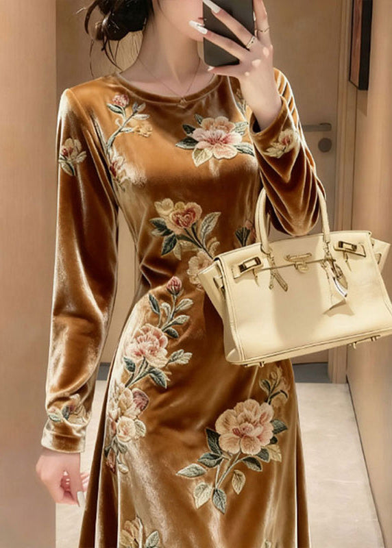 Crew Neck Long Sleeve 3D Floral Embroidery Velvet Midi Dress