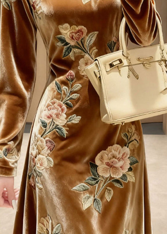 Crew Neck Long Sleeve 3D Floral Embroidery Velvet Midi Dress