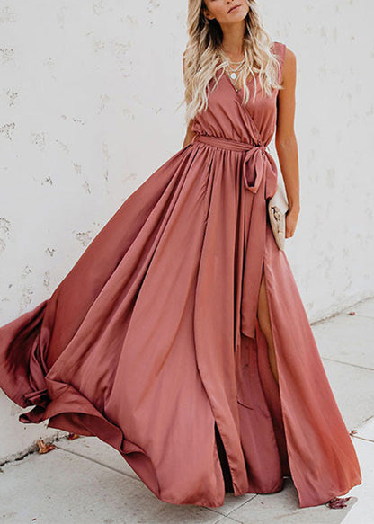 Sleeveless Wrap V-Neck Tie Waist High Slit Maxi Gown