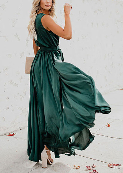 Sleeveless Wrap V-Neck Tie Waist High Slit Maxi Gown
