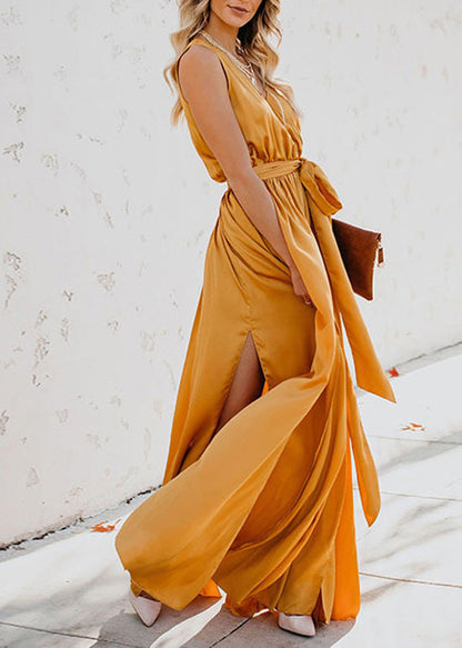 Sleeveless Wrap V-Neck Tie Waist High Slit Maxi Gown