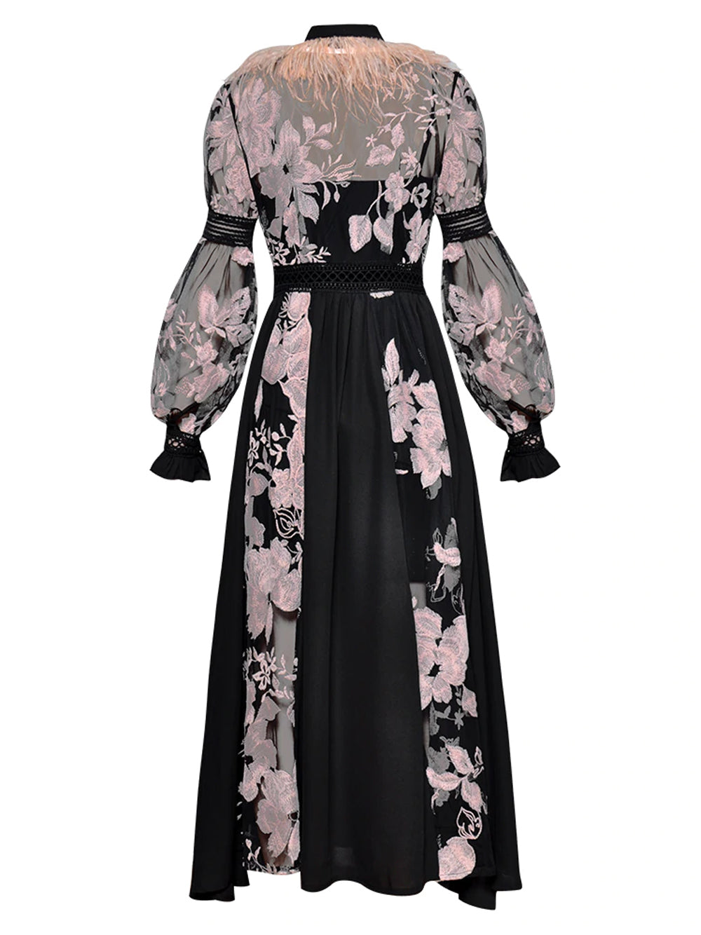 Feather Trim Mock Neck Floral Embroidered Sheer Mesh Long Sleeve Midi Dress