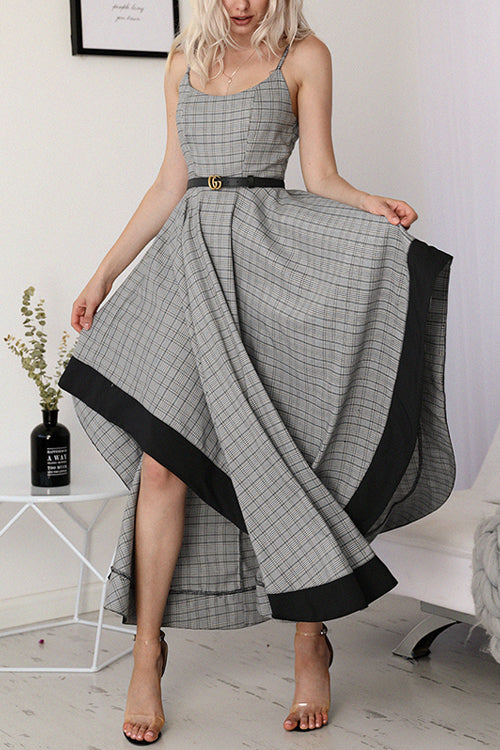 Spaghetti Strap Plaid Handkerchief Hem Belted Maxi Dress
