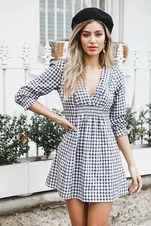 Deep V Smocked Waist Bishop Sleeve Gingham Mini Dress