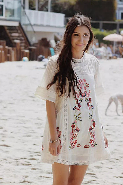 Mock Neck Flutter Sleeve Pintuck Floral Embroidery Eyelet Trim Mini Dress