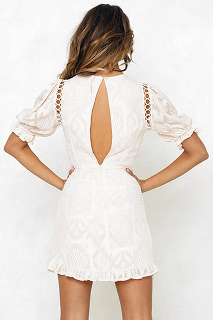 Round Neck Puff Sleeve Ladder Stitch Embroidered Mini Dress