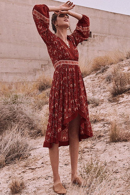 Deep V Neck Long Bishop Sleeve Empire Waist Border Print High Low Wrap Dress