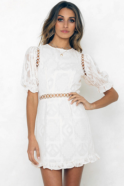 Round Neck Puff Sleeve Ladder Stitch Embroidered Mini Dress
