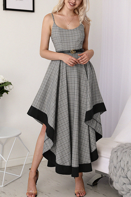 Spaghetti Strap Plaid Handkerchief Hem Belted Maxi Dress