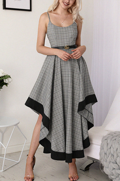 Spaghetti Strap Plaid Handkerchief Hem Belted Maxi Dress